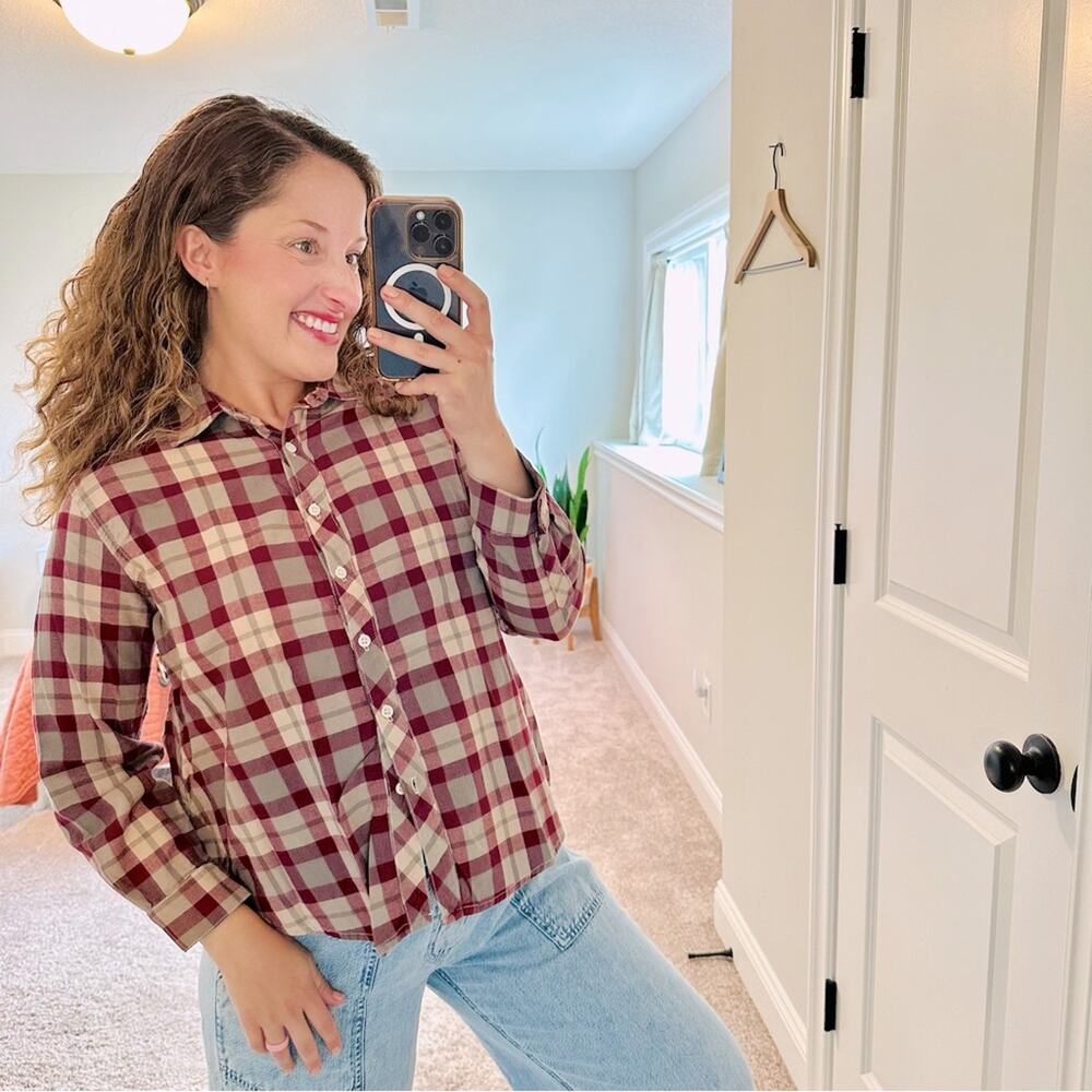 THE GREAT. Maroon Cotton Plaid Long Sleeve Button Front Flannel Top 1 Small